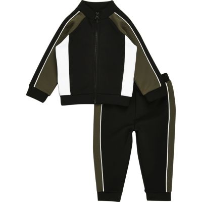 Mini boys khaki block zip track jacket set